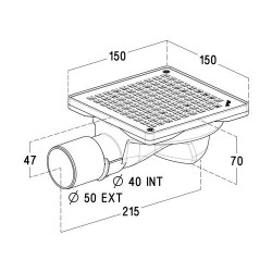 Siphonnette 15x15, grill inox, carrés, verrouillable, horizontale, Ø 40/50 mm