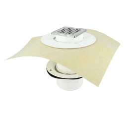 Siphon PMR, sortie verticale, chappe et revêtement carrelé pour plancher bois