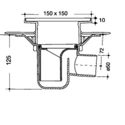 Siphon 15x15 s.horizontale Ø50 pour rac inox