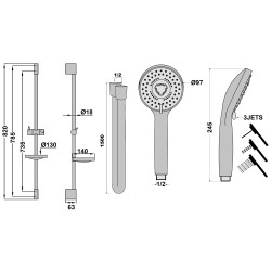 Barre de douche complète douchette 3 jets RUBY