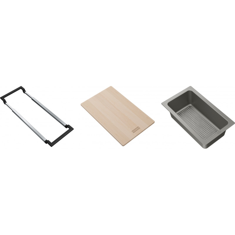 ALL-IN SET1 comprenant support téléscopique, planche à découper , 320X200x18mm,panier égouttoir PVC noir 297X173x95mm, emballé d