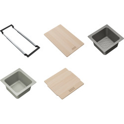 ALL-IN SET2 comprenant support téléscopique réglable, planche à découper 320x200x18mm, panier égouttoir PVC noir 173x173x95mm, b