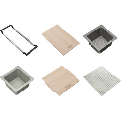 ALL-IN SET4 comprenant support téléscopique , planche à découper 320x200x18mm, panier égouttoir PVC noir 173x173x95mm, bol PVC g