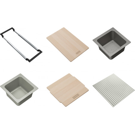 ALL-IN SET4 comprenant support téléscopique , planche à découper 320x200x18mm, panier égouttoir PVC noir 173x173x95mm, bol PVC g