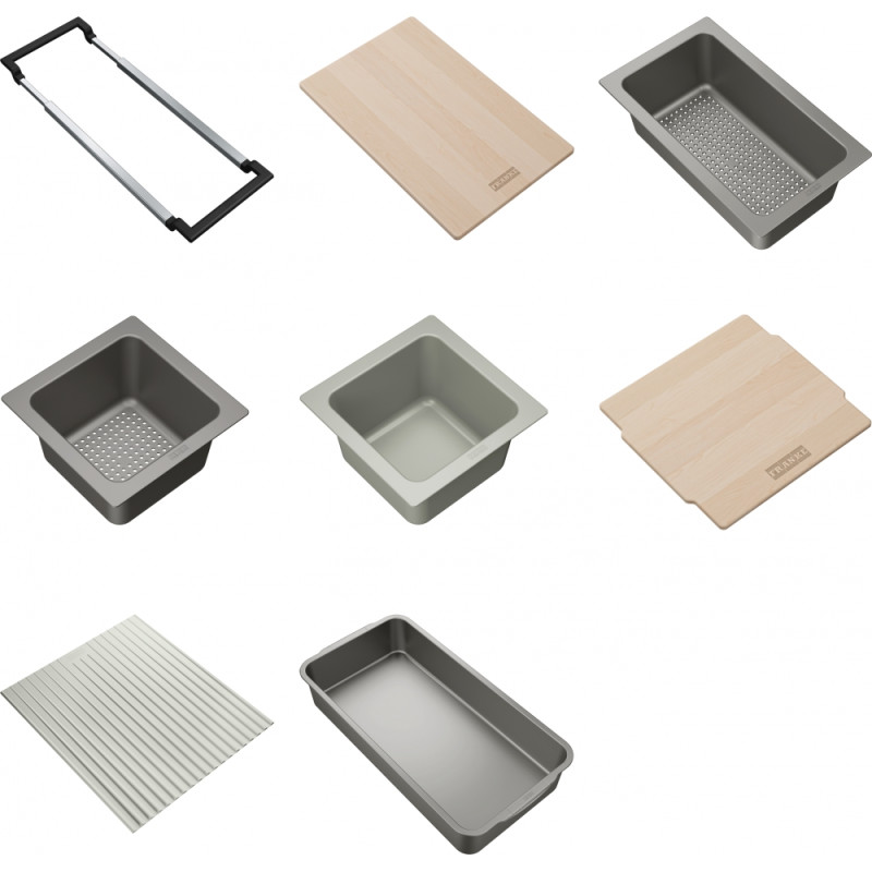ALL-IN SET5 comprenant support téléscopique, planche à découper 320x200x18mm, panier égouttoir PVC noir 297x173x95mm, panier égo