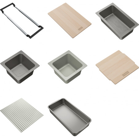 ALL-IN SET5 comprenant support téléscopique, planche à découper 320x200x18mm, panier égouttoir PVC noir 297x173x95mm, panier égo