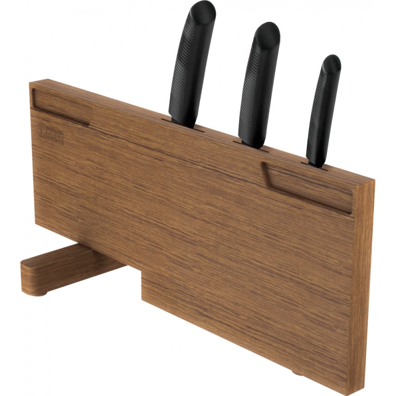 Set de 3 couteaux de cuisine avec son support en bois, faisant office de porte couteaux et de planche à découper
