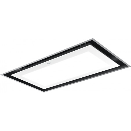 Hotte de plafond MYTHOS 900 mm inox/ panneau verre blanc LED, profondeur 23 cm, classe A, débit max 400 m3/h/int 720 m3/h, nivea