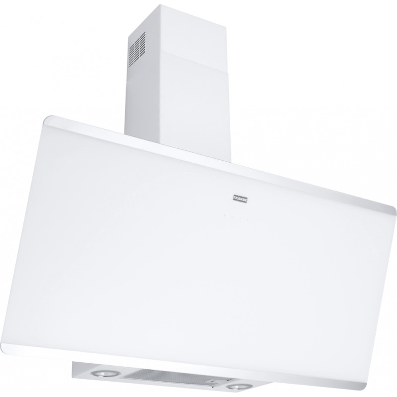 Hotte verticale inclinée EVO PLUS 900 mm verre blanc/inox, classe A+, débit max 470 m3/h/int 800 m3/h, niveau sonore mini 48 dB 