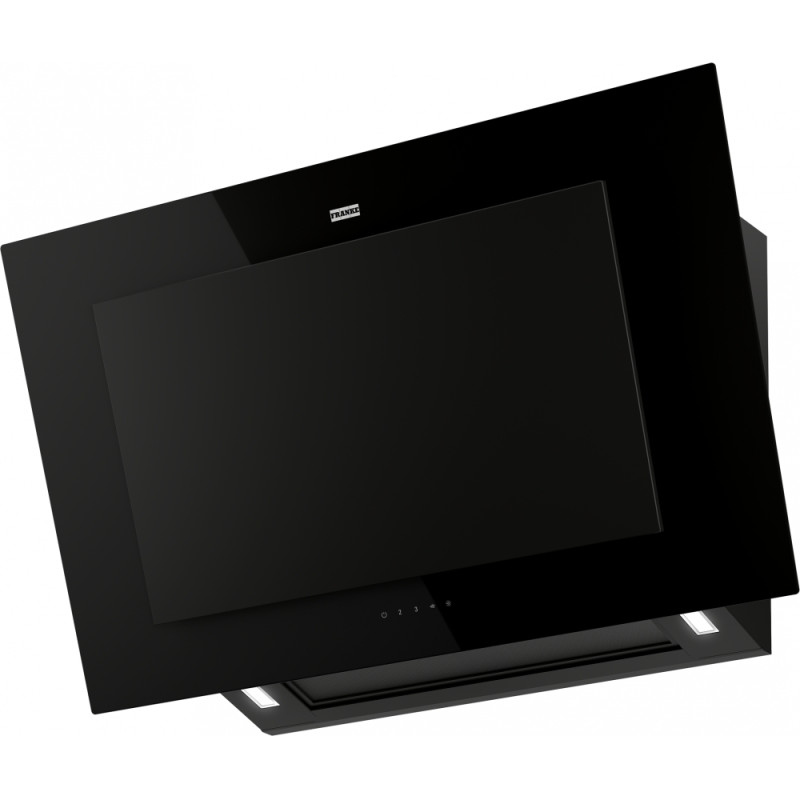 Hotte verticale inclinée MARIS PRO 900 mm verre noir panneau noir mat, classe A+, débit max 450 m3/h/int 790 m3/h, niveau sonore