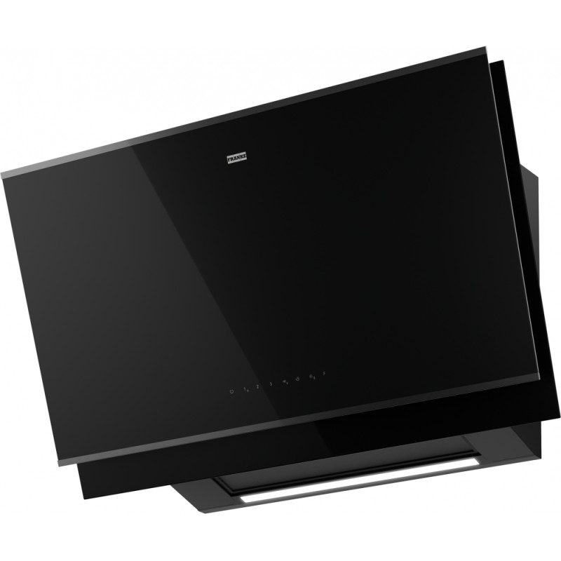 Hotte verticale inclinée MYTHOS PRO 900 mm verre noir fumé + finition inox, classe A++ , débit max 450 m3/h/int 880 m3 (réf. 233