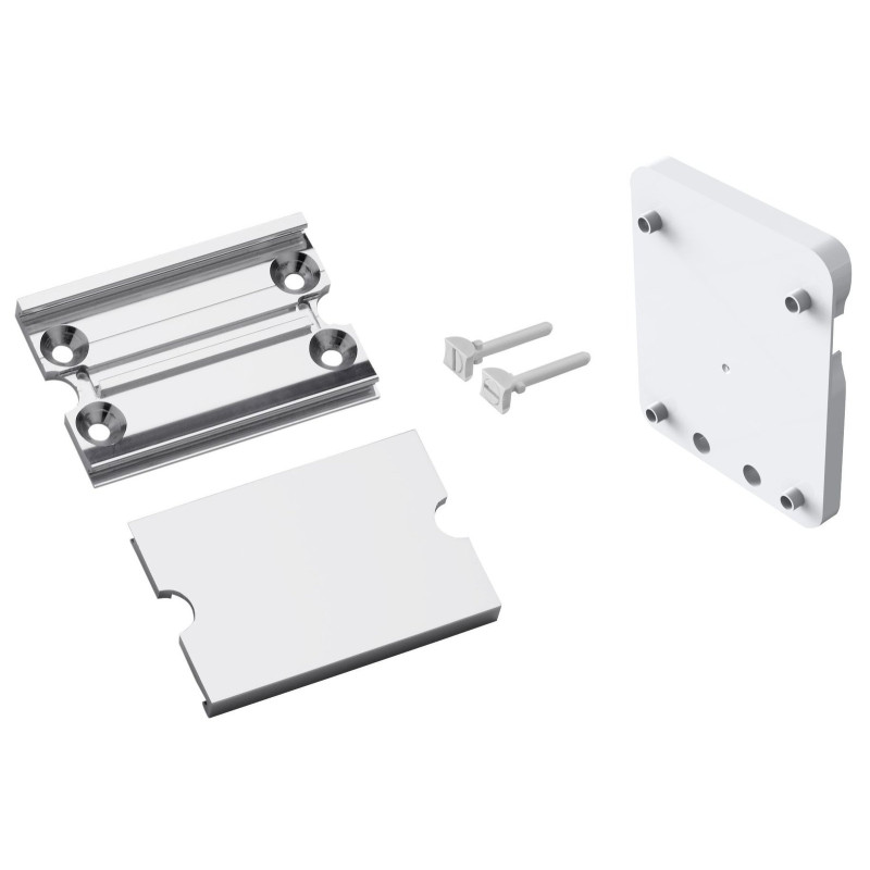 Rail+platine+cache+ 2 verrous 132x109x20 mm, alu. anodisé brillant et abs blanc