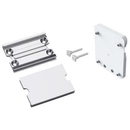 Rail+platine+cache+ 2 verrous 132x109x20 mm, alu. anodisé brillant et abs blanc