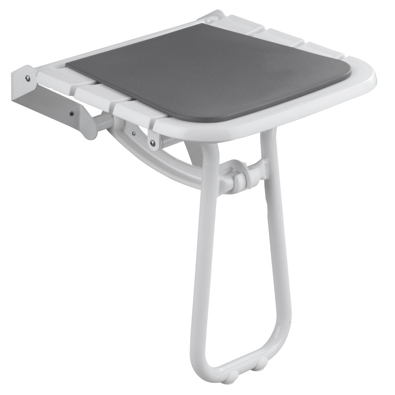 Siège de douche 4 lattes blanc avec coussin gris et béquille blanc, H 500 mm
