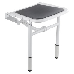 Siège de douche 4 lattes blanc avec coussin gris et pieds réglables en hauteur
