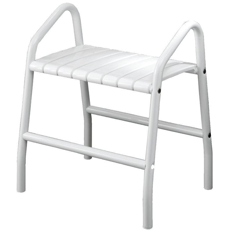 Tabouret de douche 2 poignées assise 8 lattes, blanc, pied alu. blanc Ø 30 mm