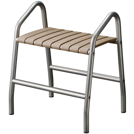 Tabouret de douche 2 poignées assise 8 lattes, taupe, pied alu. Ø 30 mm gris chr