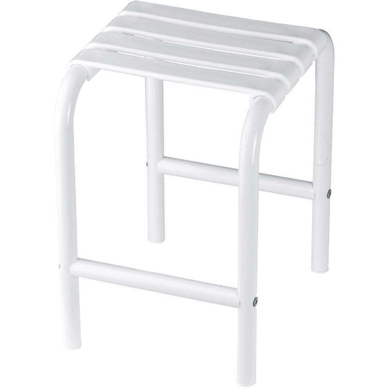 Tabouret de douche assise 4 lattes, blanc, pied tube aluminium époxy Ø 30 mm
