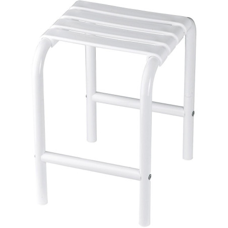 Tabouret de douche assise 4 lattes, blanc, pied tube aluminium époxy Ø 30 mm