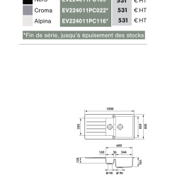 Évier à encastrer Primus 1 bac et demi, 1 égouttoir 1000 x 500 mm Cristalite