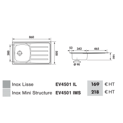 Évier à encastrer Montebello 1 bac, 1 égouttoir 860 x 500 mm Inox