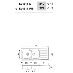 Évier à encastrer Montebello 2 bacs, 1 égouttoir 1160 x 500 mm Inox