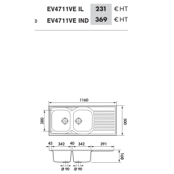 Évier à encastrer Siros 2 bacs, 1 égouttoir 1160 x 500 mm Inox