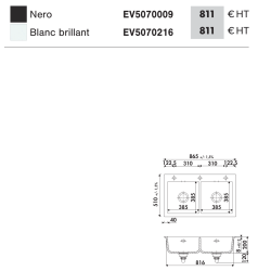Évier à encastrer Idole 2 bacs 865 x 510 mm Céramique