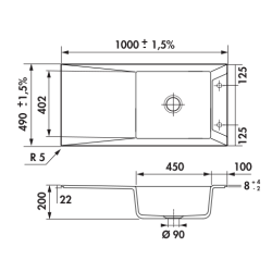 Évier à encastrer Siro 1 grand bac, 1 égouttoir 1000 x 490 mm Céramique