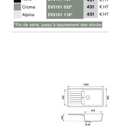 Évier à encastrer Typos 1 grand bac, 1 égouttoir 1000 x 500 mm Cristalite