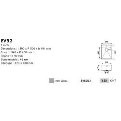 Évier à encastrer Pisa 1 bac 390 x 500 mm Inox