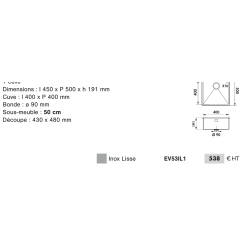 Évier à encastrer Pisa 1 grand bac 570 x 500 mm Inox