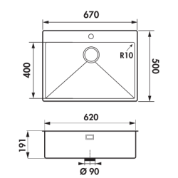 Évier à encastrer Pisa 1 très grand bac 670 x 500 mm Inox