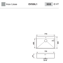 Évier à encastrer Pisa 1 très grand bac 770 x 500 mm Inox