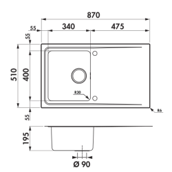 Évier à encastrer Stromboli 1 bac, 1 égouttoir 870 x 510 mm Inox