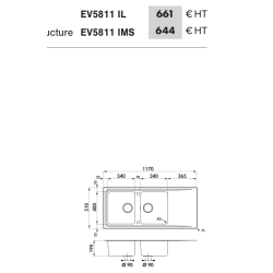 Évier à encastrer Stromboli 2 bacs, 1 égouttoir 1170 x 510 mm Inox