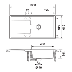 Évier à encastrer Mono 1 grand bac, 1 égouttoir 1000 x 510 mm Cristadur