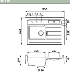 Timbre d'office Largo 1 bac et demi, 1 égouttoir 900 x 628 mm Cristadur
