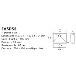 Cuve sous plan Pisa Sp 670 x 450 mm Inox