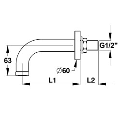 Bec mural tube long ø26mm, 200mm, pour cloison 1-50mm, M1/2