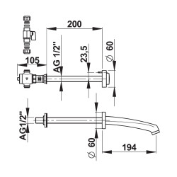 P512S kit tc lavabo temporisé mécanique bec long pour cloison de 1,5 à 200 mm