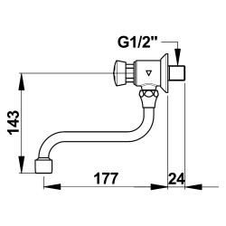 P612 Robinet simple lavabo mural temporisé 15s, chaud G1/2 bec tournant