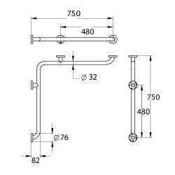 Barre d'angle 750x750 mm 4 points de fixeation d32 mm inox brossé - douche