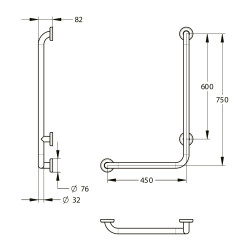 Barre coudée gauche 90° d32mm 450 x 750 mm inox brossé
