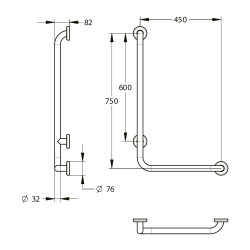 Barre coudée droit 90° d32mm 450 x 750 mm inox brossé