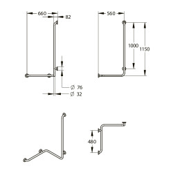 Barre douche d'angle d32 mm inox brossé 115x 560 x 660 mm - Modèle droit