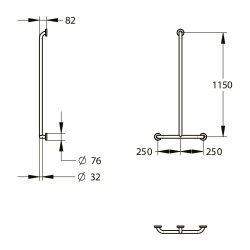 Barre de douche en t d32 mm -inox brossé - Longueur 500 x 1150 mm