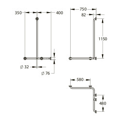 Barre d'angle droite avec barre verticale en t - 5 points - inox brosse 32mm