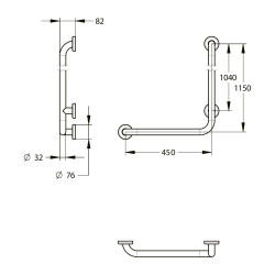Barre gauche coudée 90° 450x1150 mm - inox brossé d32 mm