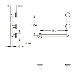 Barre gauche coudée 90° 450x1150 mm - aluminium abs antibactérien d34 mm